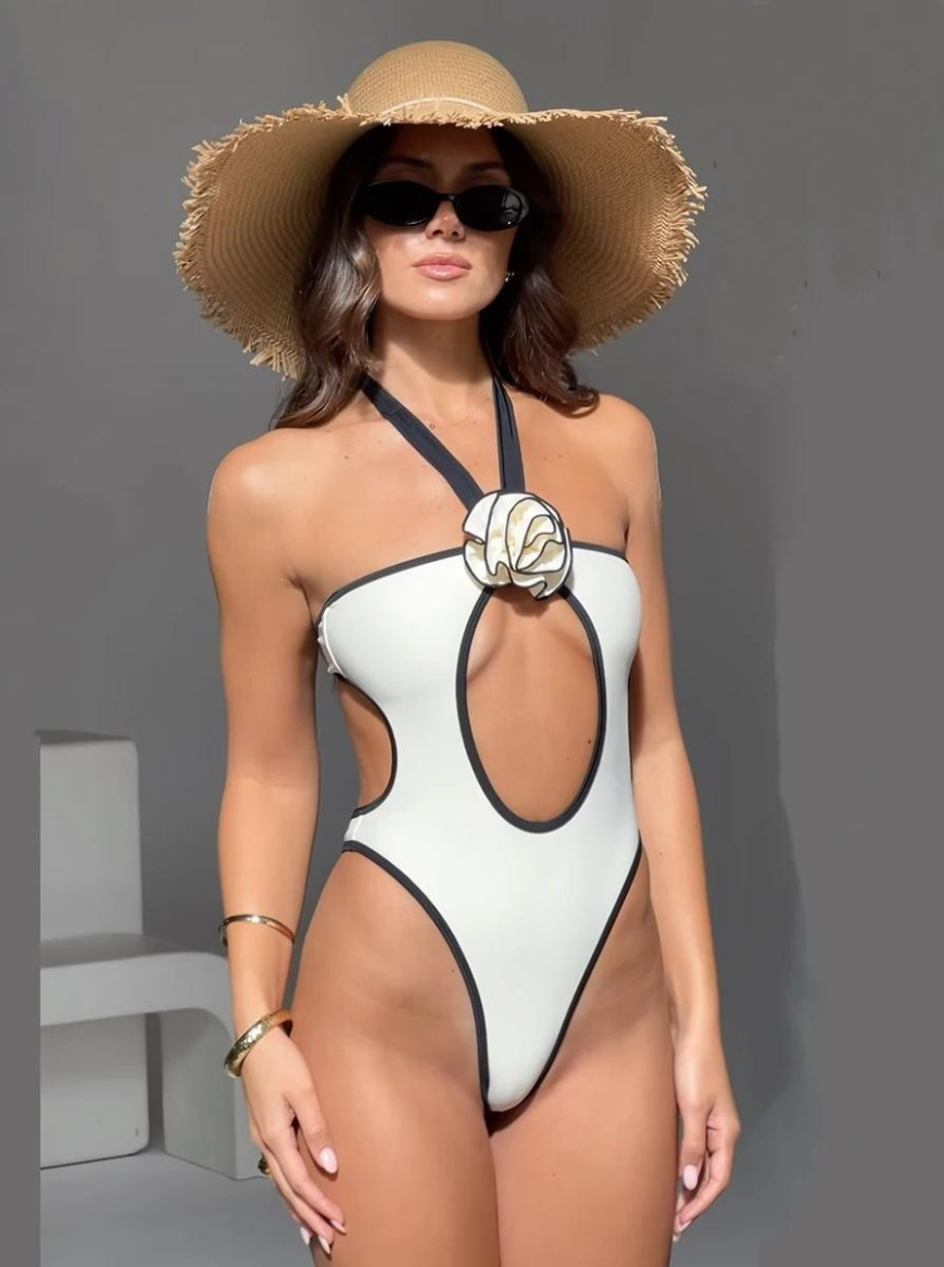 Traje de baño completo Aumare Romy escote halter con rosa 3D