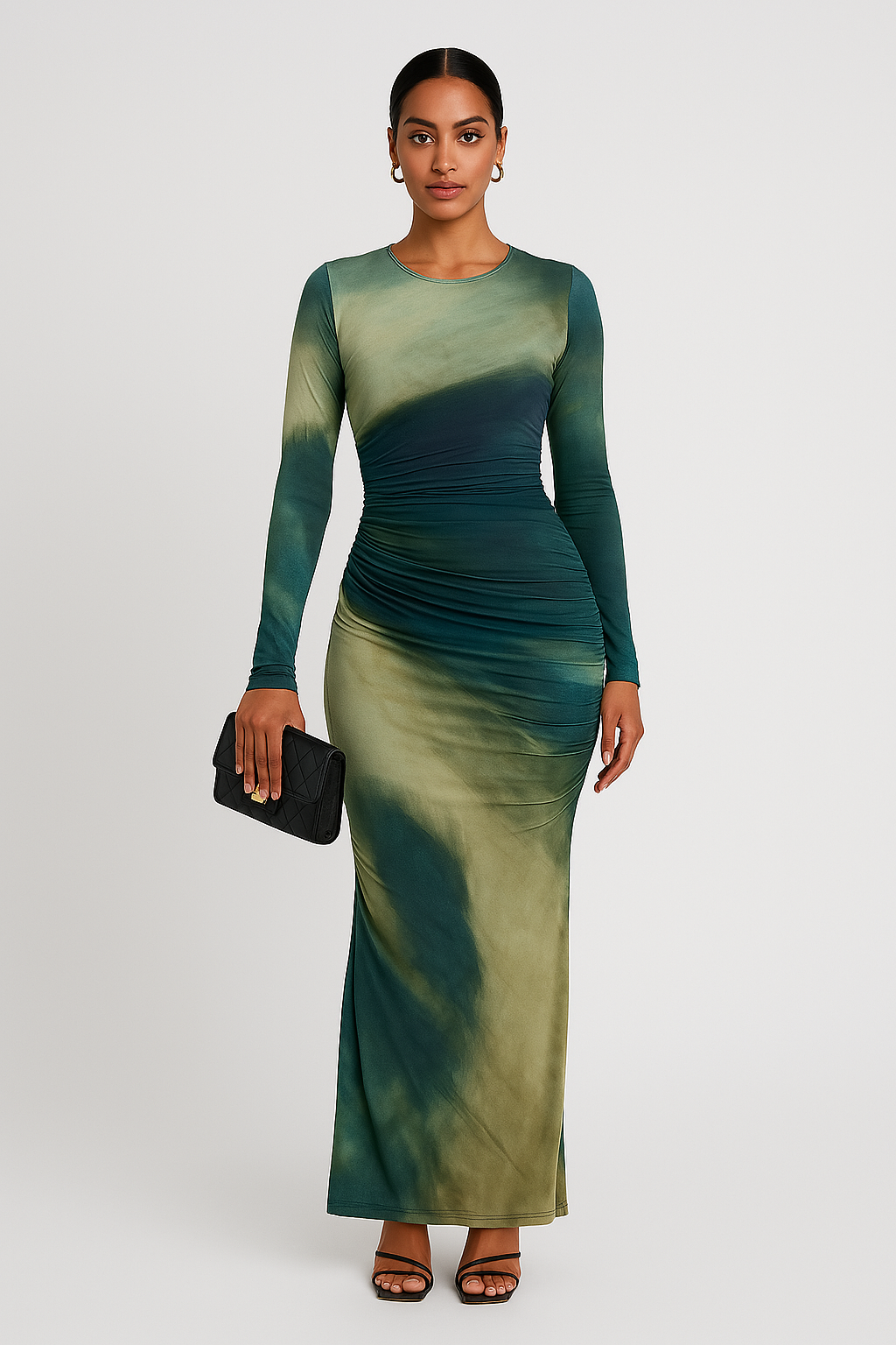 Vestido largo Aumare Gallipoli en degradado verde mar, manga larga