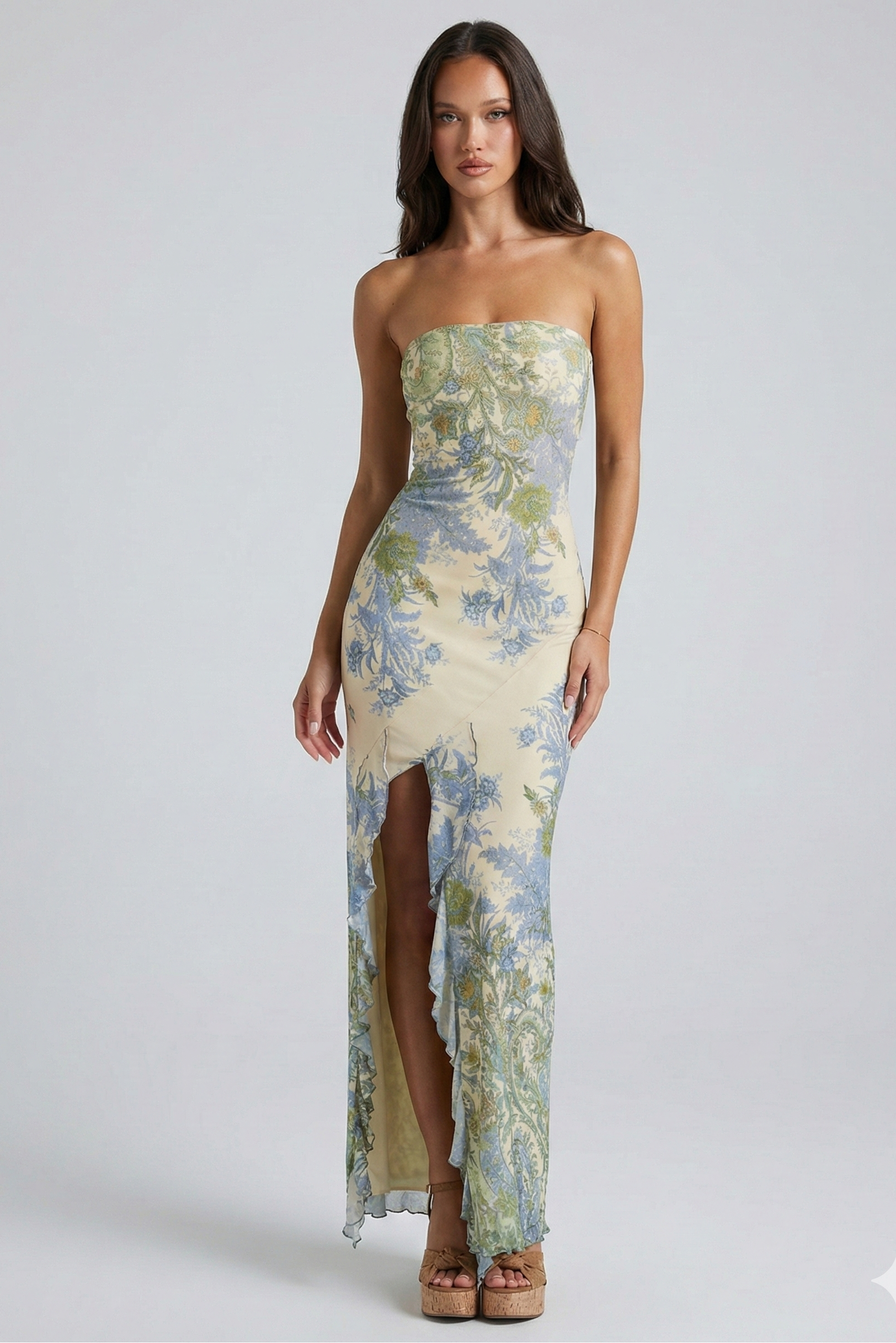 Vestido largo floral Aumare Bordighera palabra de honor