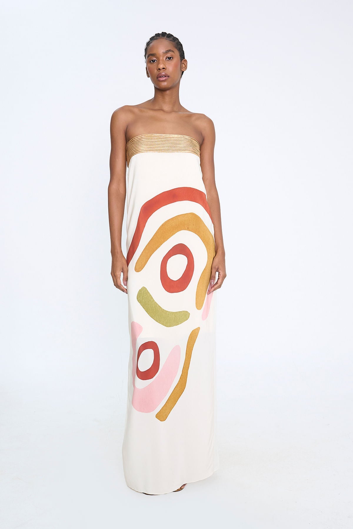 Vestido Aumare Taormina largo estampado multicolor strapless - frente
