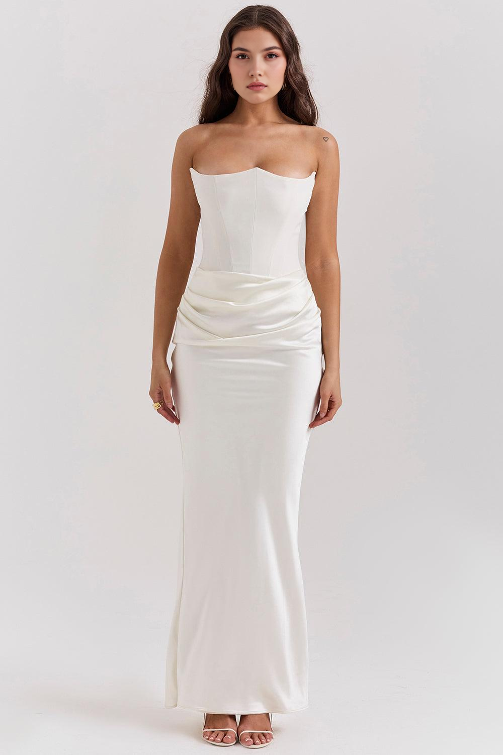 Vestido Marbella blanco escote strapless de lujo AUMARE