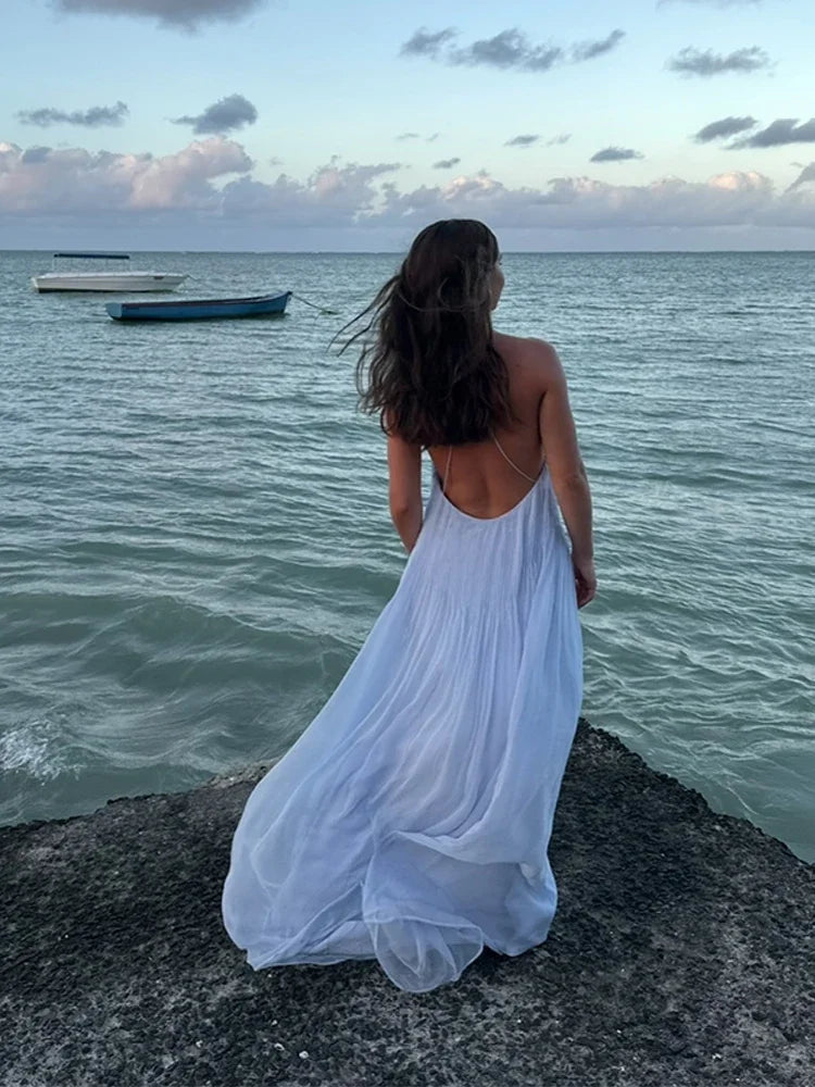 Vestido de playa Aumare Calvi azul cielo plisado