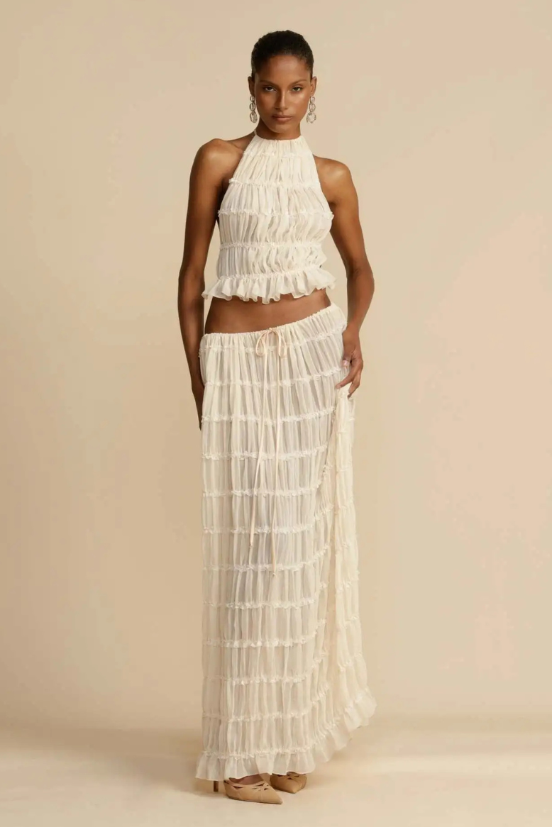 Conjunto Aumare Isla Mujeres color blanco hueso — top halter y falda larga