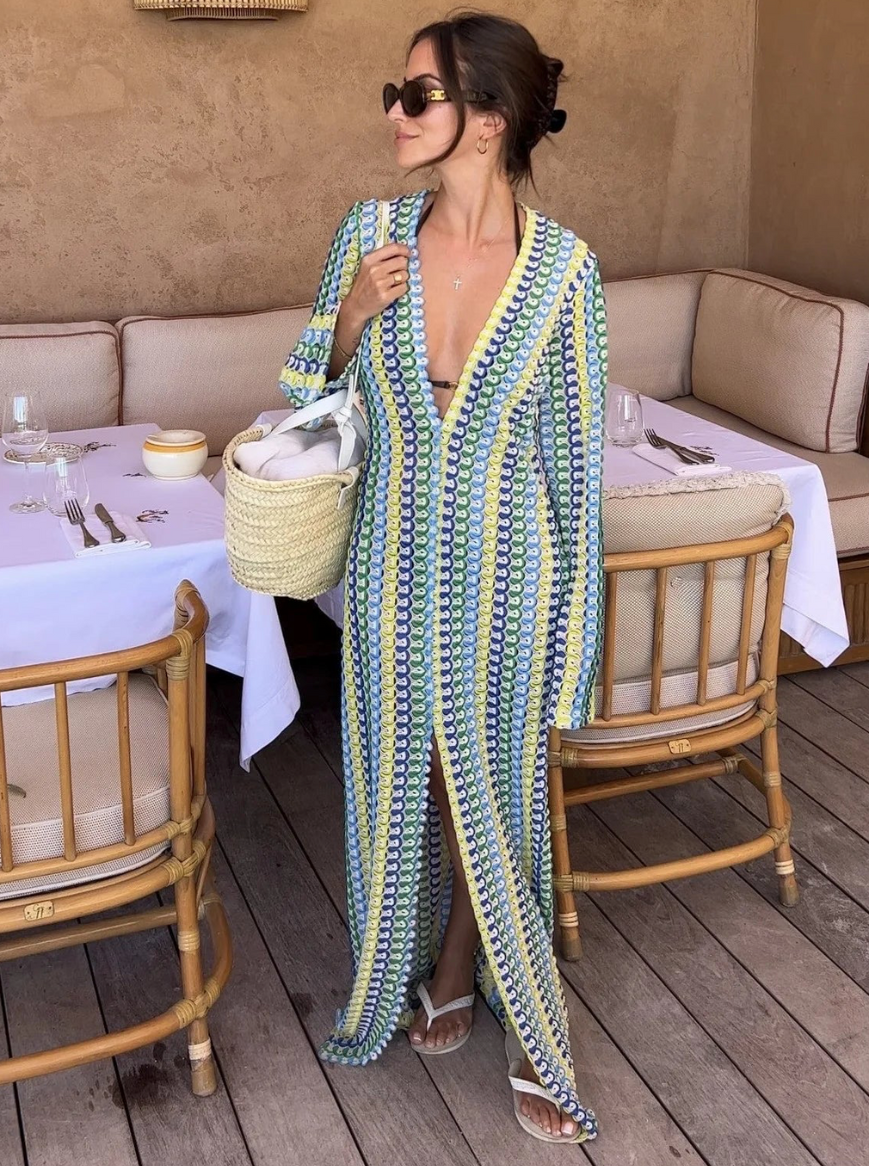 Kimono de playa Aumare Chacahua a crochet con escote en V profundo