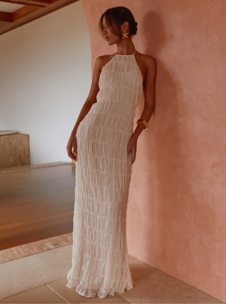 Detalle del tejido de rayas tonales del Vestido Tropea