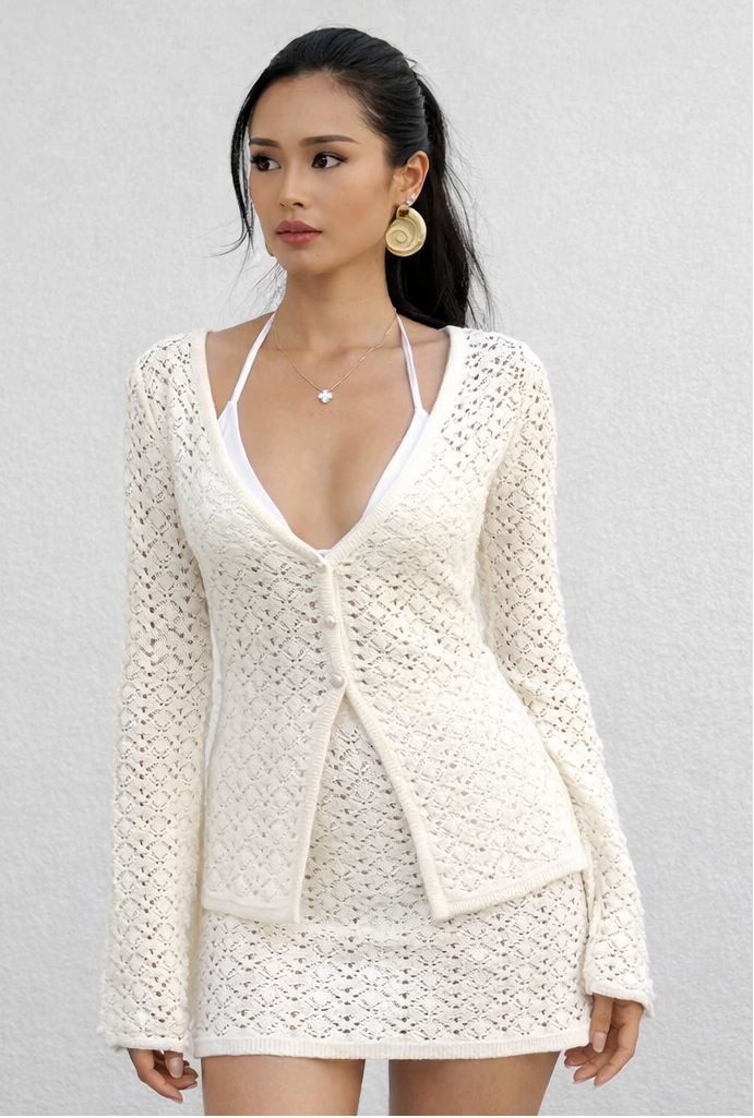 Conjunto Aumare Ventanilla en punto calado blanco — top y falda mini
