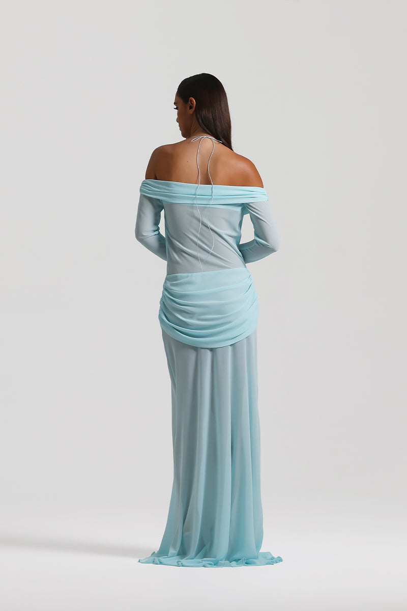 Vestido largo Aumare azul cielo de espalda
