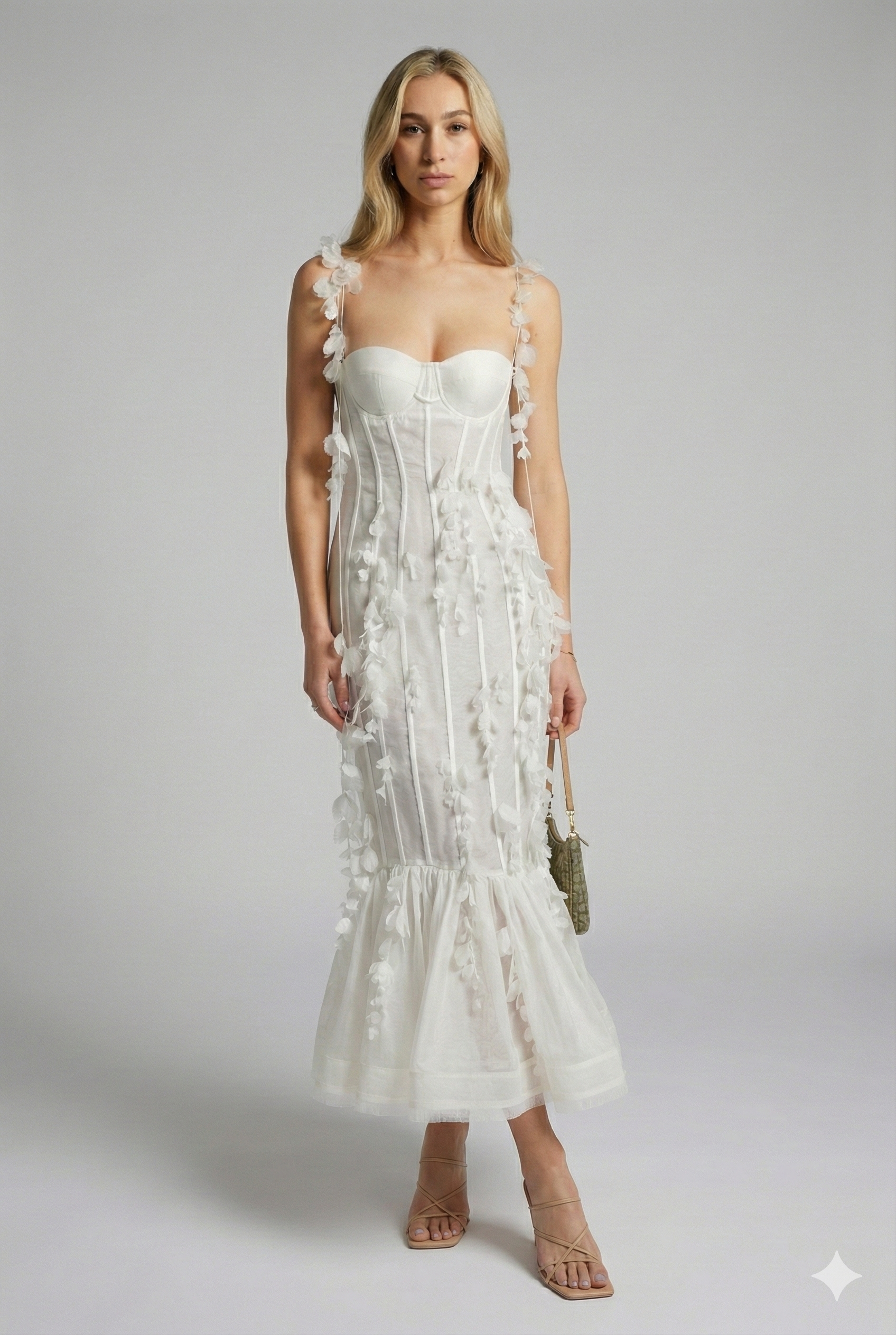 Vestido Aumare Formentera blanco midi con corsé y aplicación floral