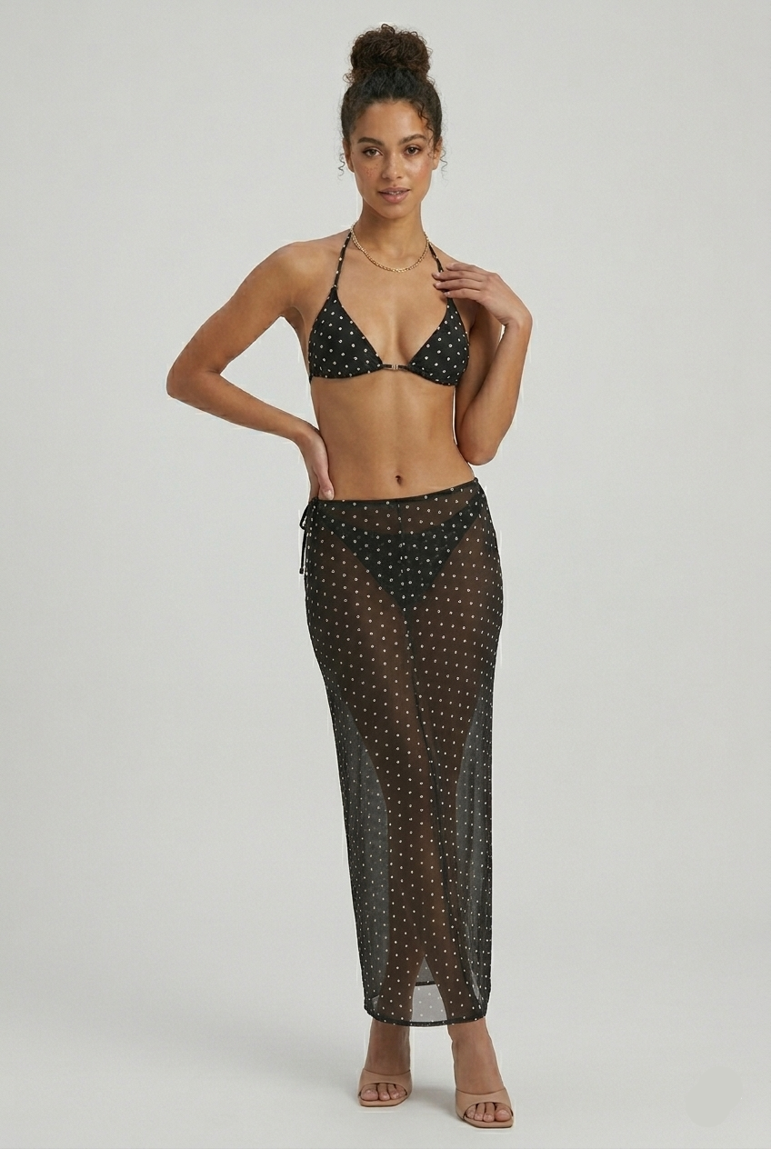 Conjunto Aumare Huatulco de dos piezas negro con puntos — vista completa resort wear