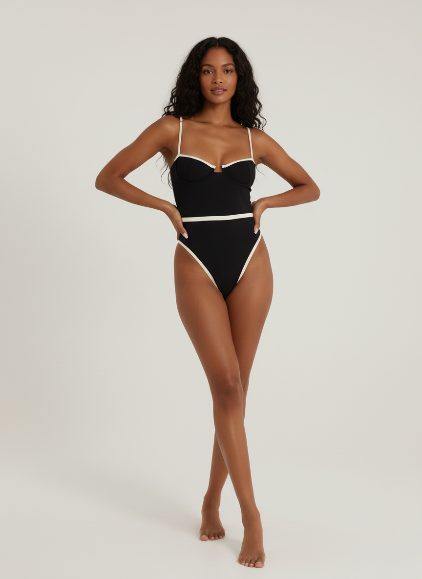 Traje de baño completo Camille negro con copas estructuradas y vivos en contraste — AUMARE
