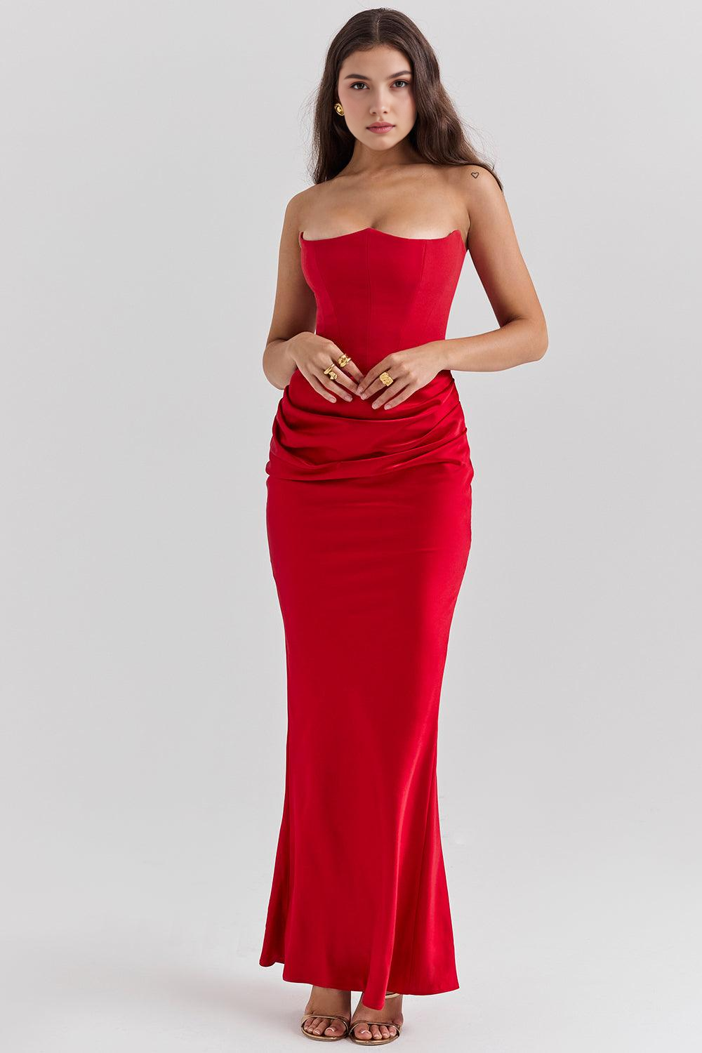 Vestido Marbella rojo escote strapless de lujo AUMARE