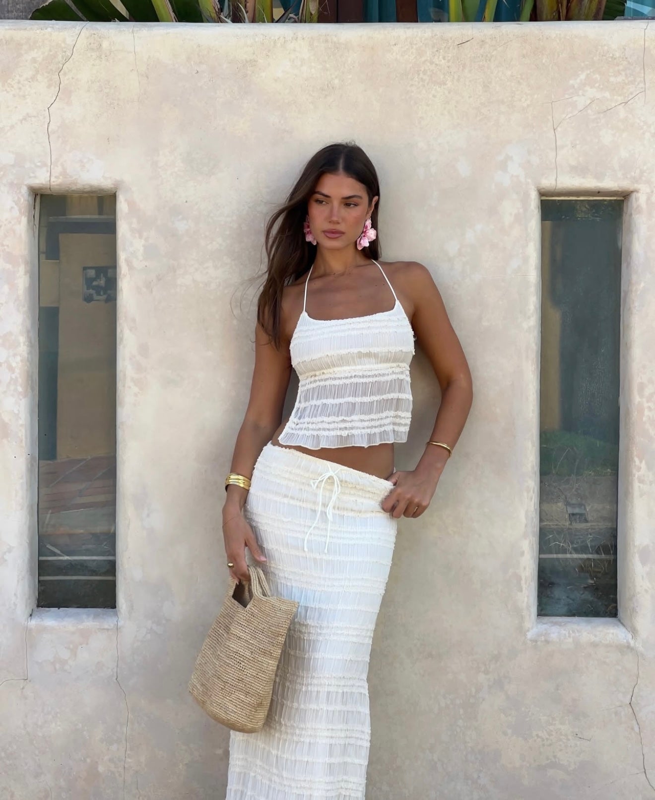 Conjunto Aumare Destiladeras top corto y falda larga en blanco hueso