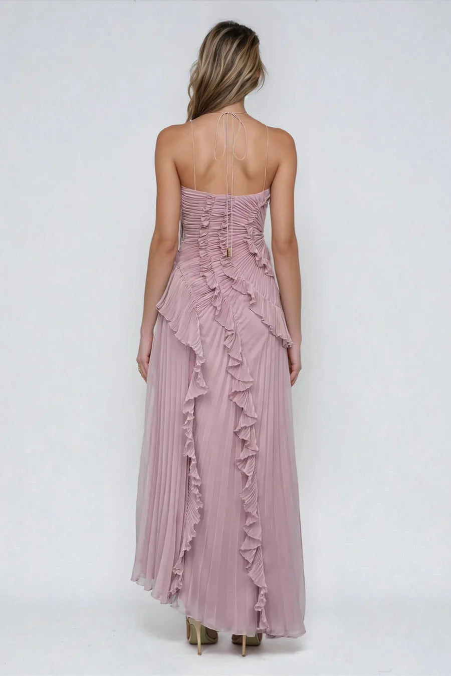 Vestido Aumare Portovenere morado detalle de volantes