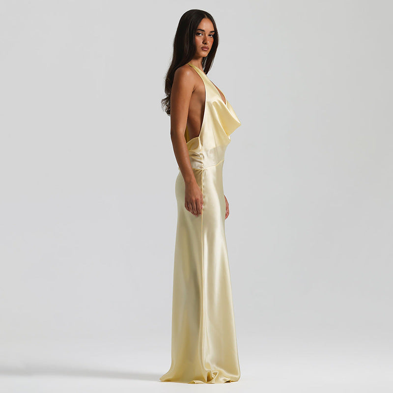 Detalle del satén amarillo del Vestido Aumare Mallorca