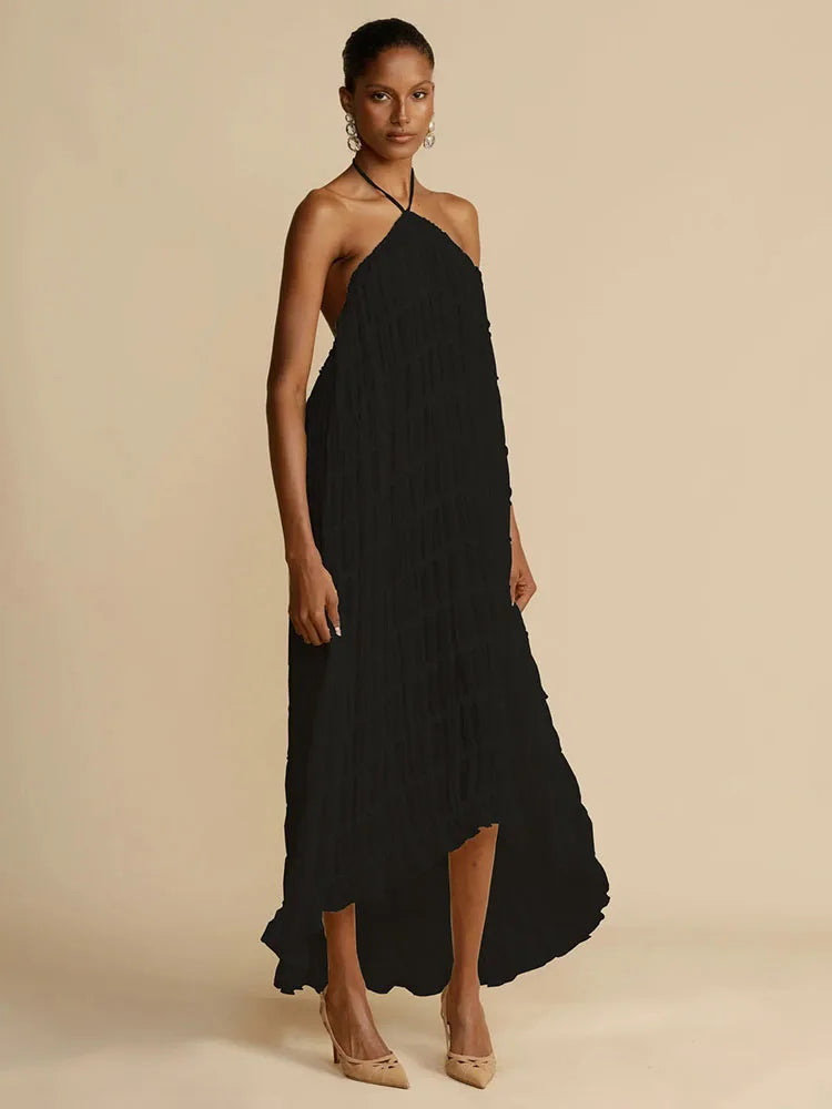 Vestido midi Polignano negro, escote halter elegante