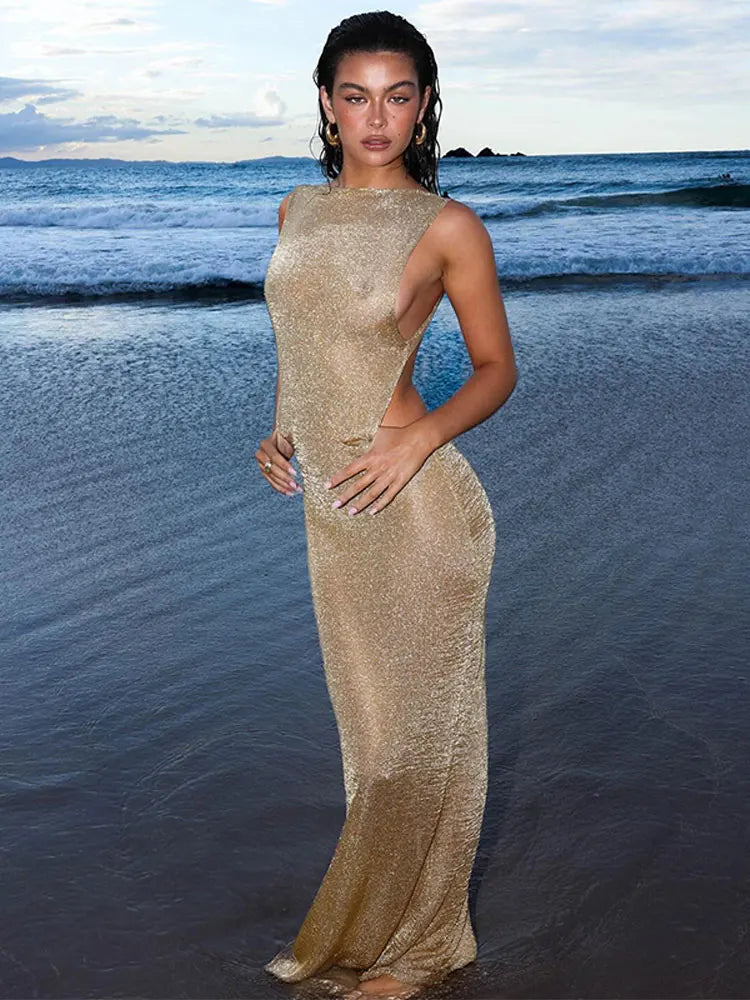 Vestido Aumare Naxos dorado de lujo para resort