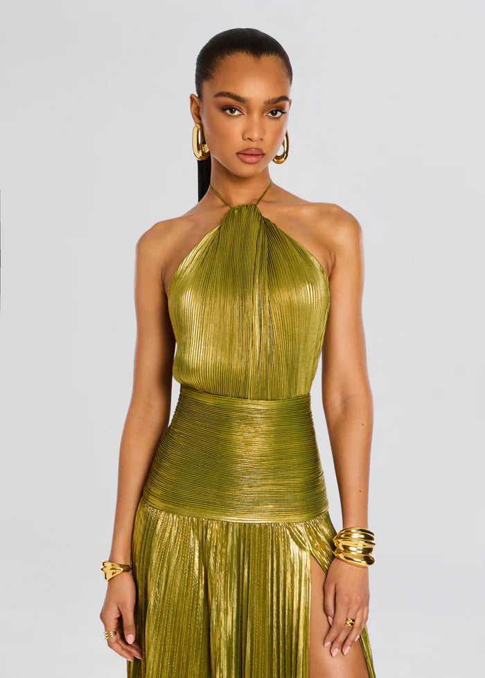 Vestido Aumare Menton verde oro vista lateral